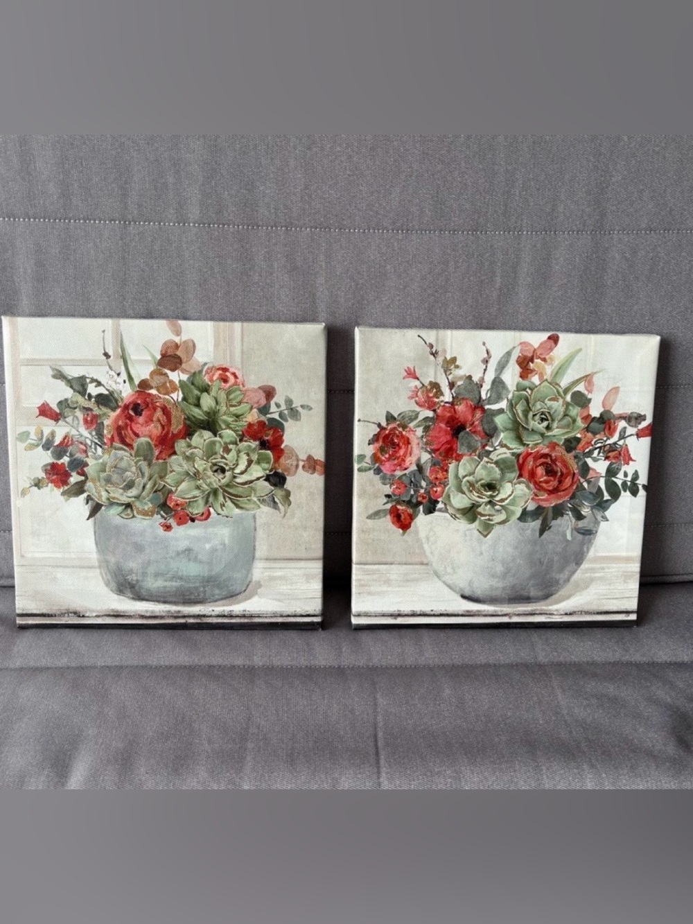 Set of 2 Floral Succulent Canvas Prints in Red & Green